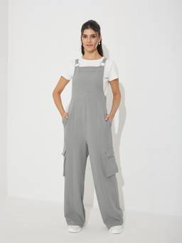 Miss Chase - Women Grey Round Neck Solid Dungaree With T-Shirt