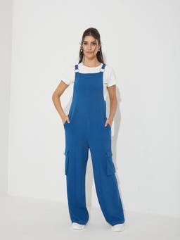 Miss Chase - Women Azure Blue Round Neck Solid Dungaree With T-Shirt