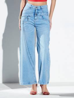 Miss Chase - Women Blue Mid Rise Wide Leg Panelled Denim Jeans