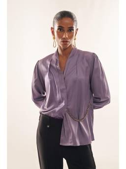 Sheczzar - Purple Satin V-Neck Regular Fit Full Sleeves Solid Top