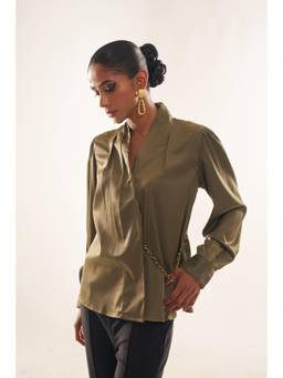 Sheczzar - Olive Satin V-Neck Regular Fit Full Sleeves Solid Top