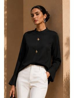 Sheczzar - Black Satin High Neck Regular Fit Full Sleeves Solid Top