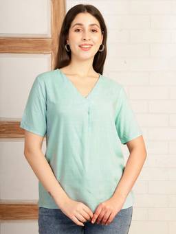 Maaesa - Blue Rayon V-Neck Regular Fit Half Sleeves Solid Top