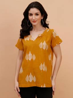 Maaesa - Mustard Cotton Mandarin Neck Regular Fit Half Sleeves Printed Top
