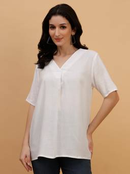 Maaesa - White Rayon V-Neck Regular Fit Half Sleeves Solid Top