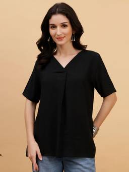 Maaesa - Black Rayon V-Neck Regular Fit Half Sleeves Solid Top