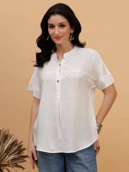 Maaesa - White Rayon Mandarin Neck Regular Fit Half Sleeves Solid Top