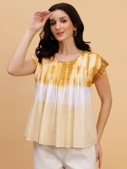 Maaesa - Yellow Cotton Round Neck Regular Fit Half Sleeves Colorblock Top