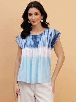 Maaesa - Blue Cotton Round Neck Regular Fit Half Sleeves Colorblock Top