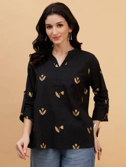 Maaesa - Black Cotton Mandarin Neck Regular Fit Three Fourth Sleeves Printed Top