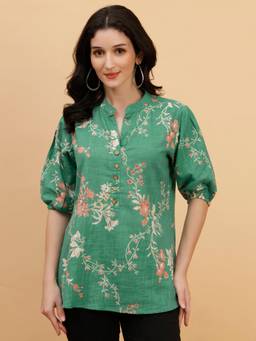 Maaesa - Green Cotton Mandarin Neck Regular Fit Half Sleeves Printed Top