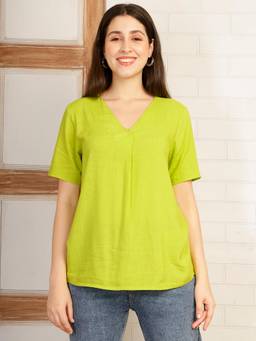 Maaesa - Green Rayon V-Neck Regular Fit Half Sleeves Solid Top