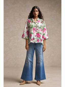 Sheczzar - White Linen Mandarin Neck Regular Fit Three Fourth Sleeves Floral Shirt