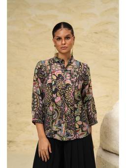 Sheczzar - Black Cotton Mandarin Neck Regular Fit Three Fourth Sleeves Printed Top