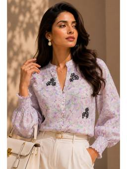 Sheczzar - Purple Chiffon Mandarin Neck Regular Fit Full Sleeves Embroidered Top