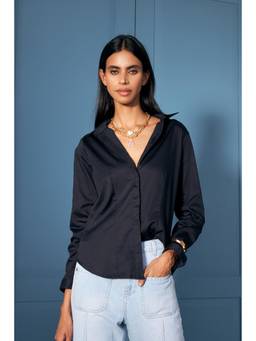 Sheczzar - Navy Blue Cotton Blend Collar Neck Regular Fit Full Sleeves Solid Shirt