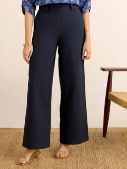 Aarke Ritu Kumar - Blue Knit Cotton Straight Leg Mid Waist Solid Trouser
