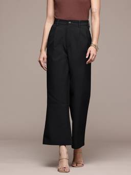 Aarke Ritu Kumar - Black Polyester Blend Straight Leg Mid Waist Solid Trouser