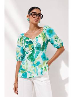 Sheczzar - Green Chiffon Sweetheart Regular Fit Half Sleeves Embellished/Sequined Top