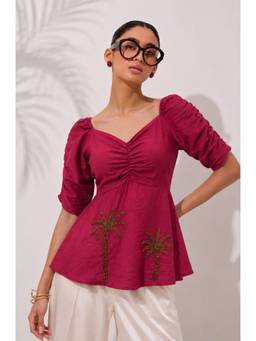 Sheczzar - Pink Chiffon Sweetheart Regular Fit Half Sleeves Embroidered Top