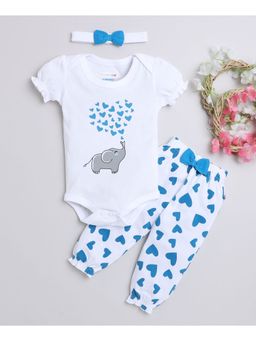 Bumzee - White Girls Half Sleeves Bodysuit Joggers with Headband (Set of 3)