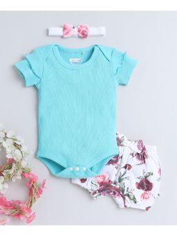 Bumzee - Turquoise Blue & White Girls Bodysuit and Shorts with Headband (Set of 3)