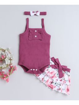 Bumzee - Pink & White Girls Sleeveless Bodysuit and Skirt with Headband (Set of 3)
