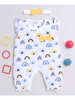 Bumzee - White Girls Ruffled Sleeves Thigh Length Romper with Headband (Set of 2)