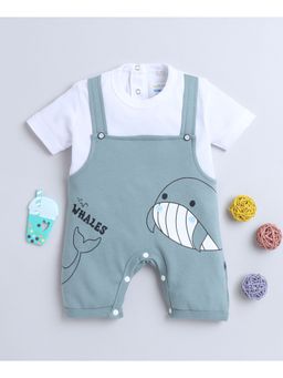 Bumzee - Green & White Boys Half Sleeves Thigh Length Romper