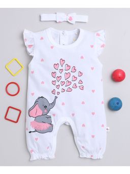 Bumzee - White Girls Ruffled Sleeves Thigh Length Romper with Headband (Set of 2)