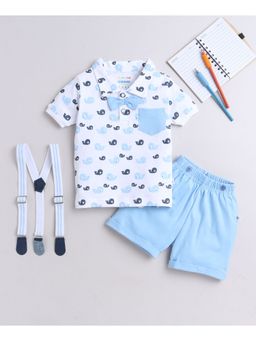 Bumzee - Sky Blue & White Boys T-Shirt and Shorts with Bow Suspender (Set of 4)