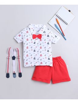 Bumzee - White & Red Boys T-Shirt and Shorts with Bow Suspender (Set of 4)