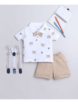 Bumzee - White & Brown Boys T-Shirt and Shorts with Bow Suspender (Set of 4)