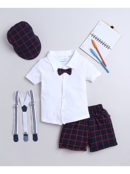 Bumzee - Navy Blue White Boys Shirt & Shorts with Bow Suspender and Cap (Set of 5)