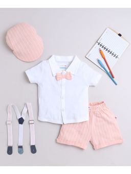 Bumzee - White Peach Boys Shirt & Shorts with Bow Suspender and Cap (Set of 5)