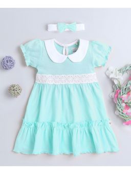 Bumzee - Mint Green Girls Half Sleeves Cotton Frock with Headband (Set of 2)