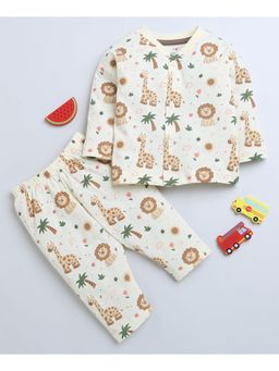 Bumzee - Cream Baby Boys Full Sleeves Jabla & Pyjama (Set of 2)