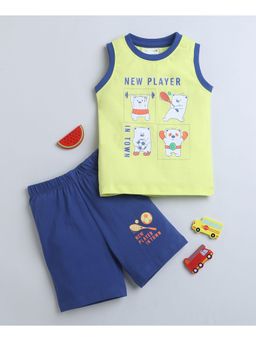 Bumzee - Green & Royal Blue Boys Sleeveless T-Shirt and Shorts (Set of 2)