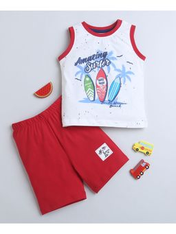 Bumzee - Red & White Boys Sleeveless T-Shirt and Shorts (Set of 2)