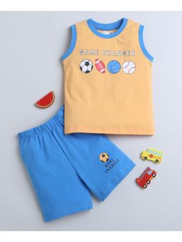 Bumzee - Blue & Orange Boys Sleeveless T-Shirt and Shorts (Set of 2)