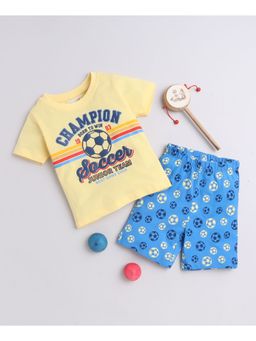 Bumzee - Blue & Yellow Boys Half Sleeves T-Shirt and Shorts (Set of 2)