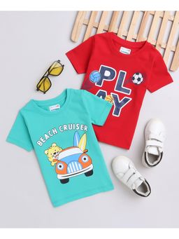 Bumzee - Green & Red Boys Half Sleeves T-Shirts (Pack of 2)