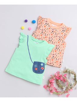 Bumzee - Green & Peach Girls Ruffled Sleeves T-Shirts (Pack of 2)