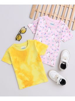 Bumzee - Pink & Yellow Girls Half Sleeves T-Shirts (Pack of 2)