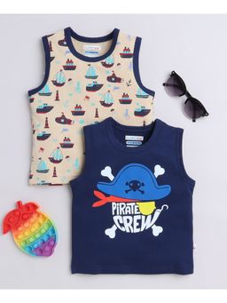 Bumzee - Beige & Navy Boys Sleeveless T-Shirts (Pack of 2)