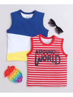 Bumzee - Blue & Red Boys Sleeveless T-Shirts (Pack of 2)