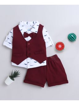 Bumzee - Maroon & White Boys Shirt Waistcoat and Shorts with Applique Bow (Set of 4)