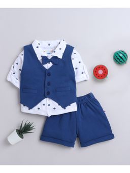 Bumzee - Navy & White Boys Shirt Waistcoat and Shorts with Applique Bow (Set of 4)