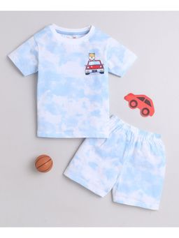 Bumzee - White & Blue Boys Half Sleeves T-Shirt and Shorts (Set of 2)