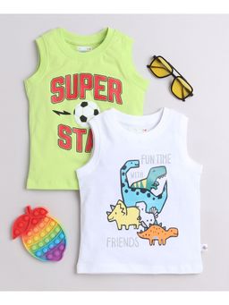 Bumzee - Green & White Boys Sleeveless T-Shirts (Pack of 2)